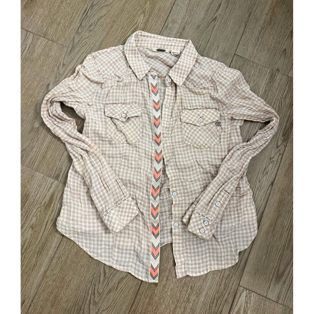Miss Me Womens M Beige/White Check Long Sleeve Button Up Shirt Woven Cotton